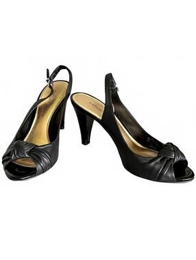 Antonio Melani Black Leather Peep Toe Slingback Heels Size 7.5 M